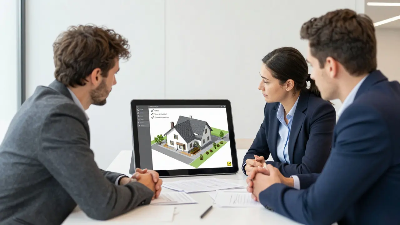 Bauherr und Behördenmitarbeiter besprechen ein digitales Bauprojekt in einem Rathaus.