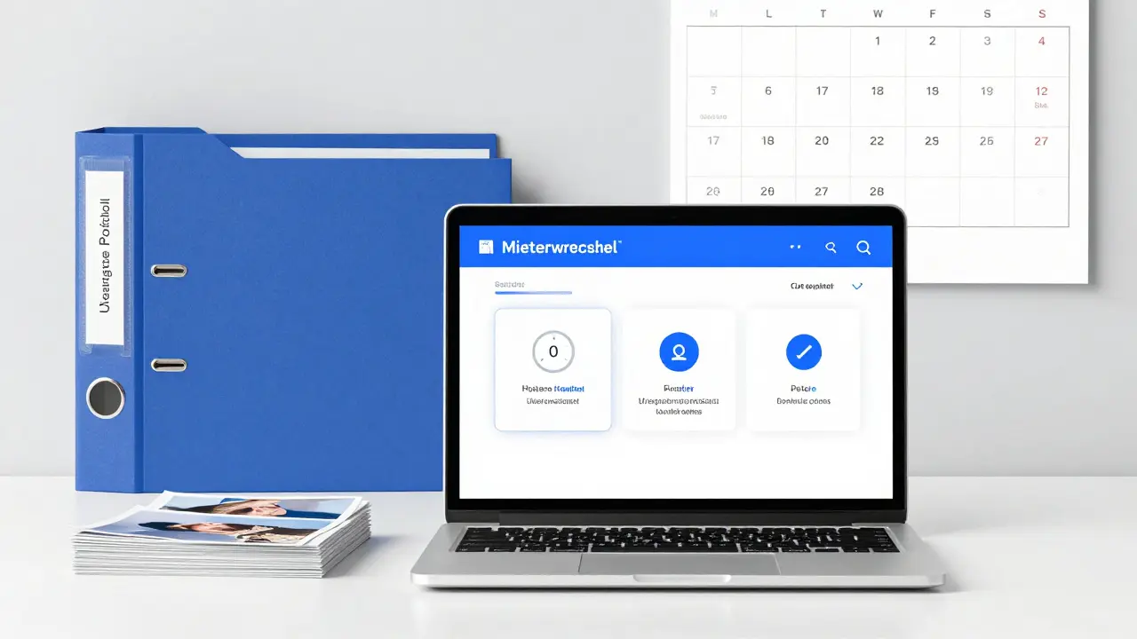 Digitaler Dashboard einer Mieterwechsel-App mit Erinnerungen für Kaution, Zählerstände und Energieeffizienzprüfung.