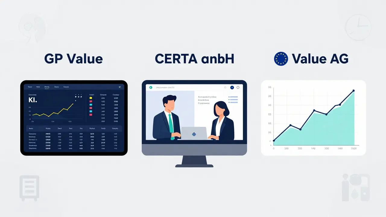 Drei Immobiliengutachter-Firmen mit ihren spezifischen Analyseansätzen: digitale Auswertung, Scheidungs-Bewertung und Gewerbe-Flussanalyse.