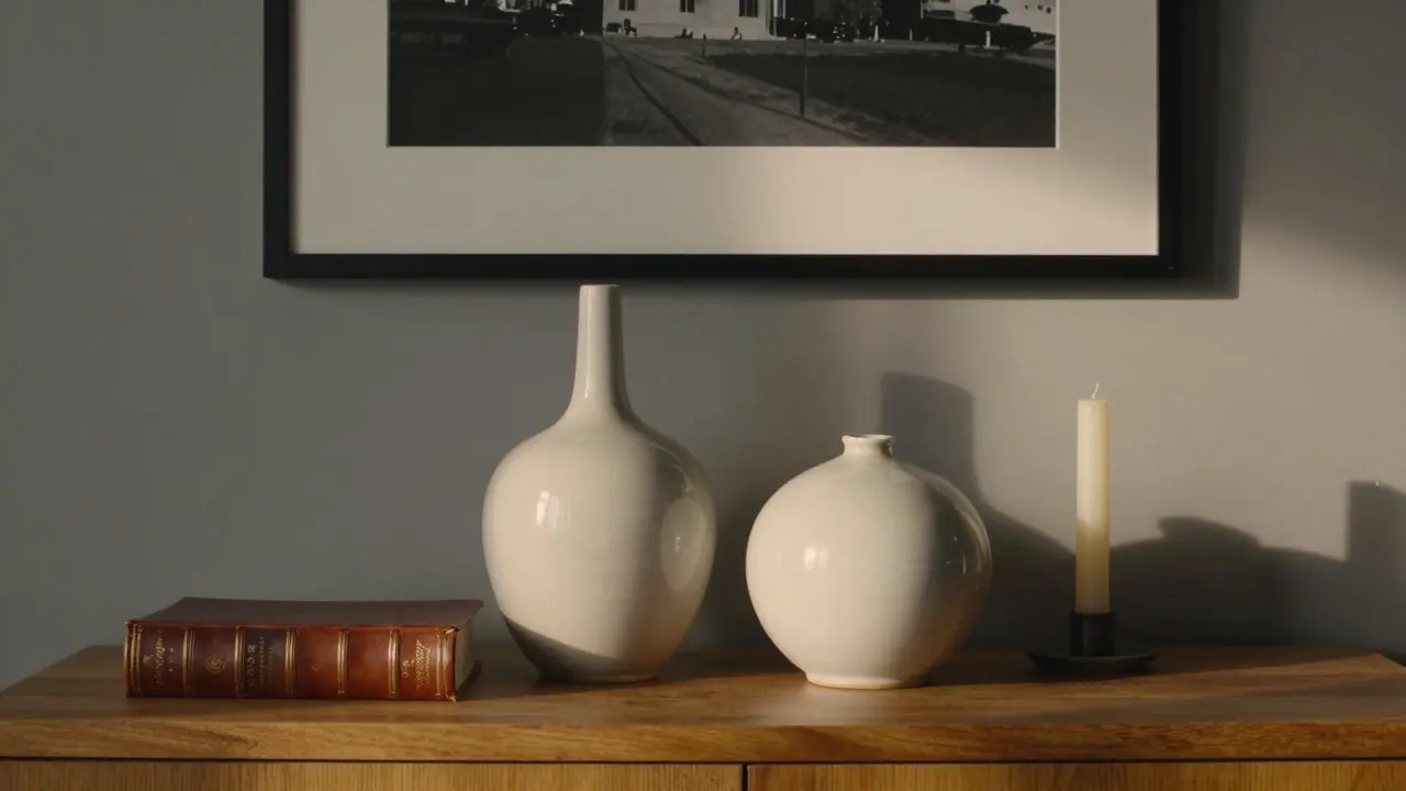 Drei Vasen, ein Buch und eine Kerze auf einem Sideboard, asymmetrisch und ohne Überfüllung.
