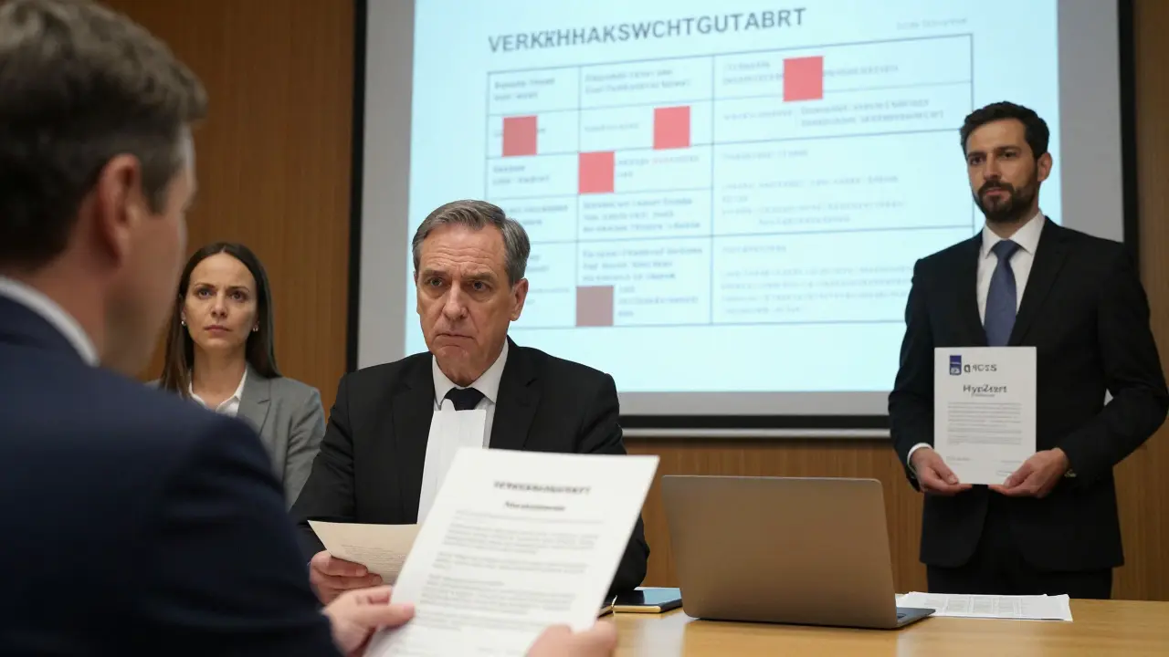 Ein Gerichtsverfahren mit einem rechtlich gültigen Gutachten, während ein fehlerhaftes Gutachten als Warnung projiziert wird.