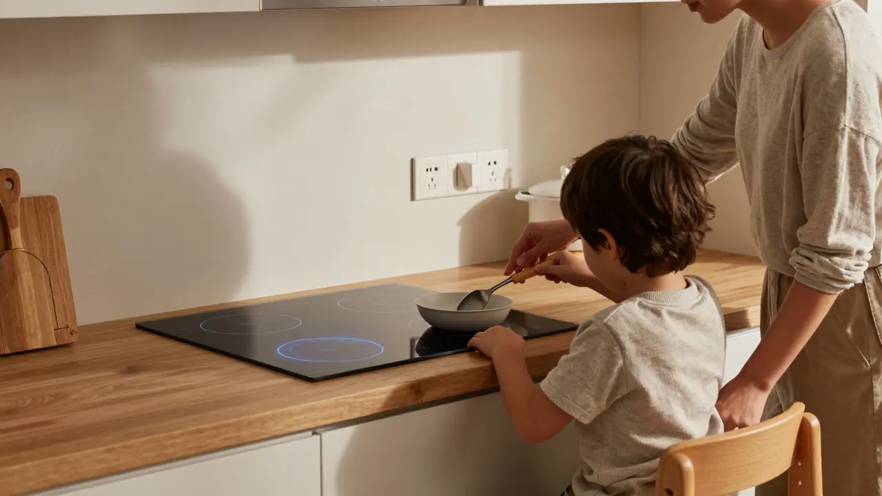 Ein Kind kocht mit einem Elternteil an einer kindersicheren Arbeitsplatte, während ein Sensor über dem Herd aktiv ist.