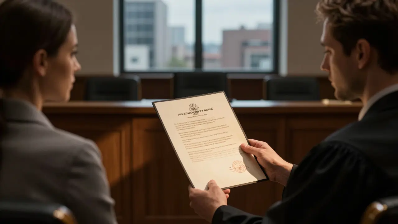 Ein Richter prüft ein gerichtsverwertbares Gutachten in einem Gerichtssaal mit hoher rechtlicher Bedeutung.