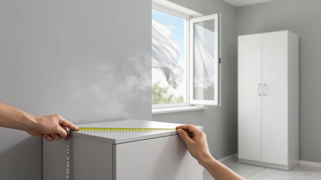 Eine Hand misst den Abstand zwischen einem Schrank und der Wand, während durch ein offenes Fenster Luft strömt und eine zweite Möbelstelle freien Raum hat.