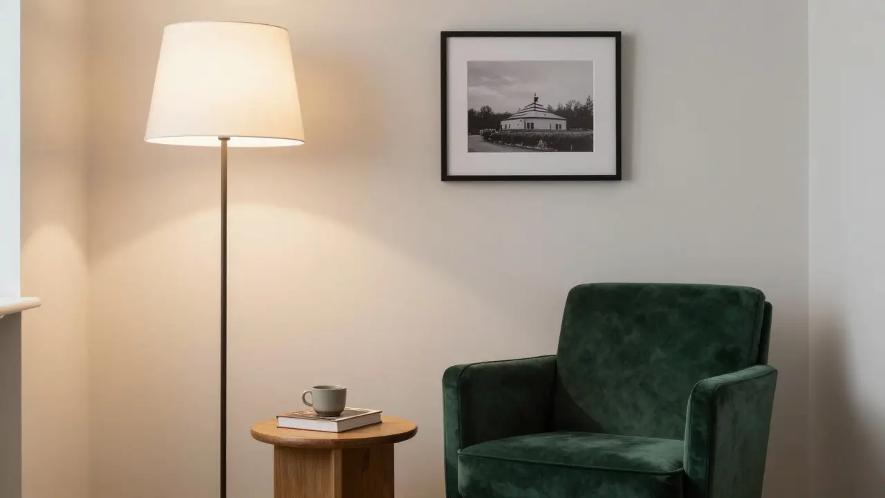 Eine Leseecke mit einem grünen Sessel, einer großen Lampe und einem einzelnen Bild an der Wand.