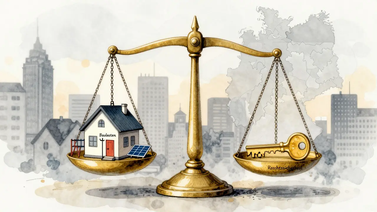 Eine Waage zeigt verdeckte Baulasten wie Spielplatz und Versorgungsleitungen gegen Rechtssicherheit ab.