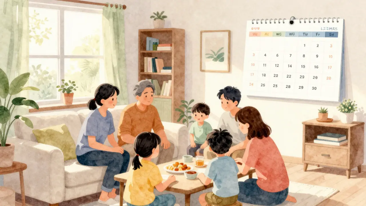 Familie in sonnigem Wohnzimmer, Kalender zeigt drei Jahre Wohnraum.