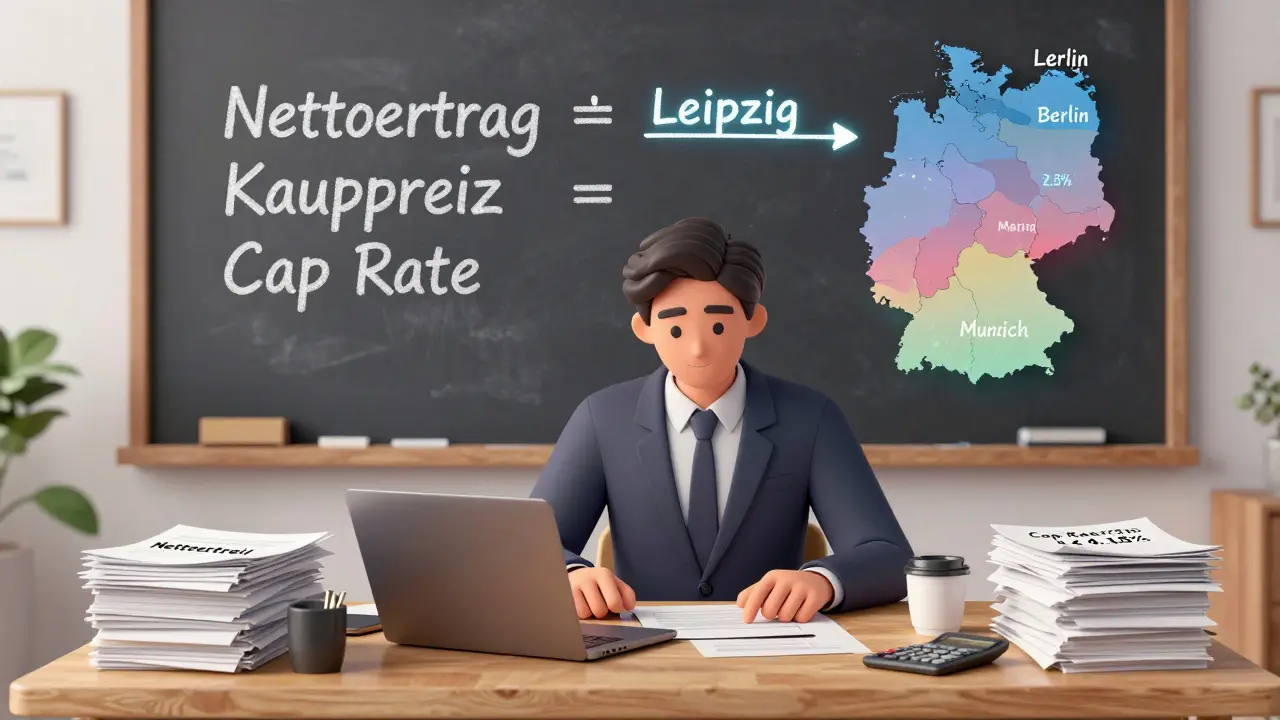 Finanzanalyst berechnet die Cap Rate an einem Tisch mit Dokumenten und einer Tafel mit Formel.