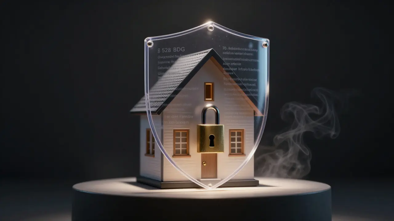 Gesichertes Haus mit rechtlichen Begriffen als Schild, vage Formulierungen verfliegen als Rauch.