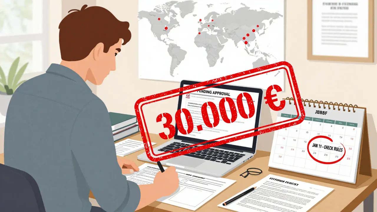 Hausbesitzer vor einem Tisch mit mehrsprachigen Formularen, ein riesiger roter Stempel mit 'STRAFE: 30.000 €' über ihnen.