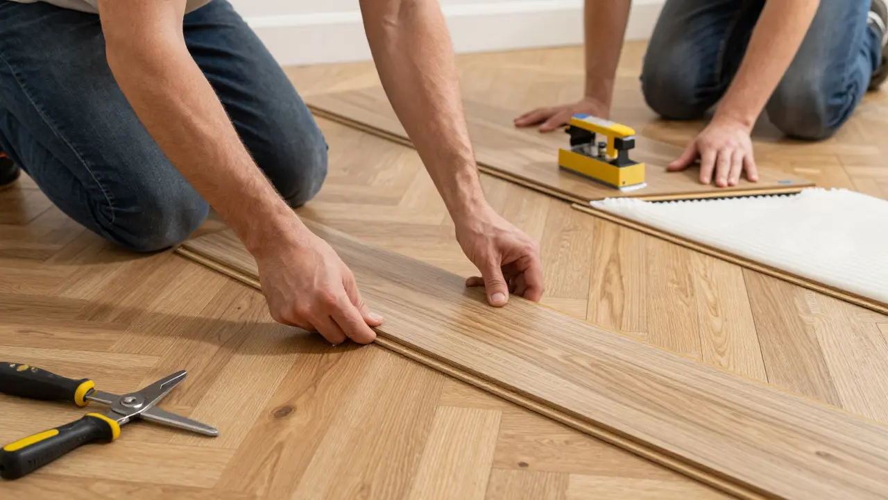 Jemand verlegt Laminat selbst, während ein Fachmann Echtholz verklebt – Kontrast zwischen DIY und Profiarbeit.
