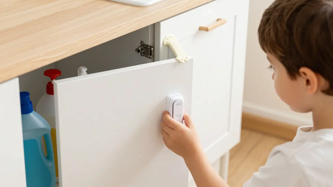 Kinderhände greifen nach einem Schrank, aber eine mechanische Verriegelung verhindert das Öffnen, während Eckenschoner die Kanten absichern.