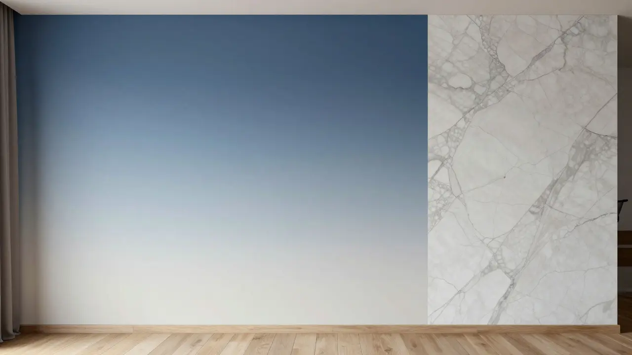 Kombinierte Wandgestaltung: Ombre-Verlauf auf der linken Seite und Marmor-Akzent auf der rechten Seite in einem modernen Raum.