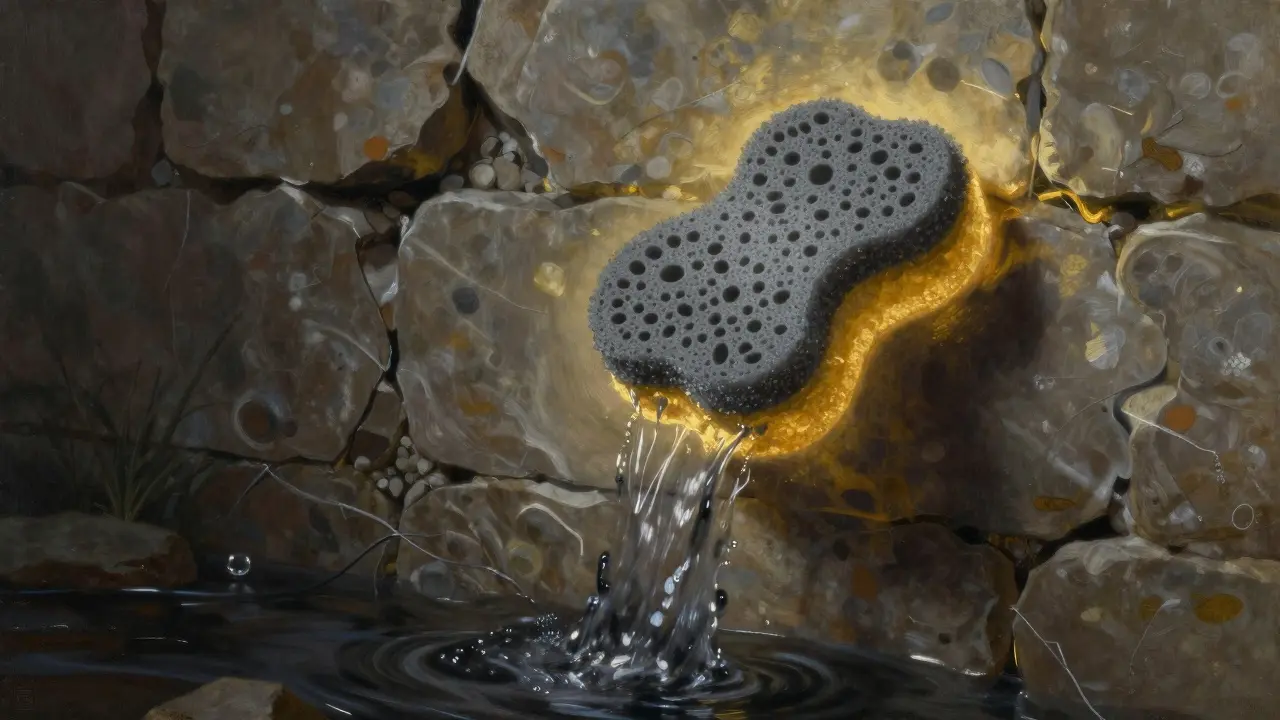 Künstlerische Darstellung von Sanierputz als opfernder Schwamm, der Salze aus der Wand zieht