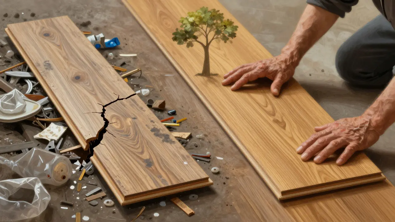 Lebenszyklus von Laminat (Verschrottung) und Echtholz (Zurückholen und Neuversiegelung) mit Baum als Symbol der Nachhaltigkeit.