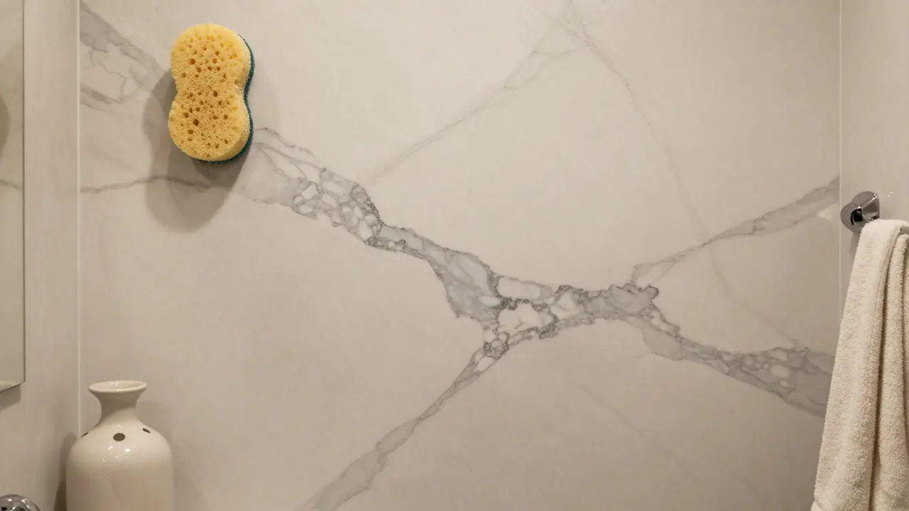 Marmor-Effekt an einer Badezimmerwand, erzeugt mit Schwamm und deckenden Farbnuancen in Creme, Grau und Anthrazit.