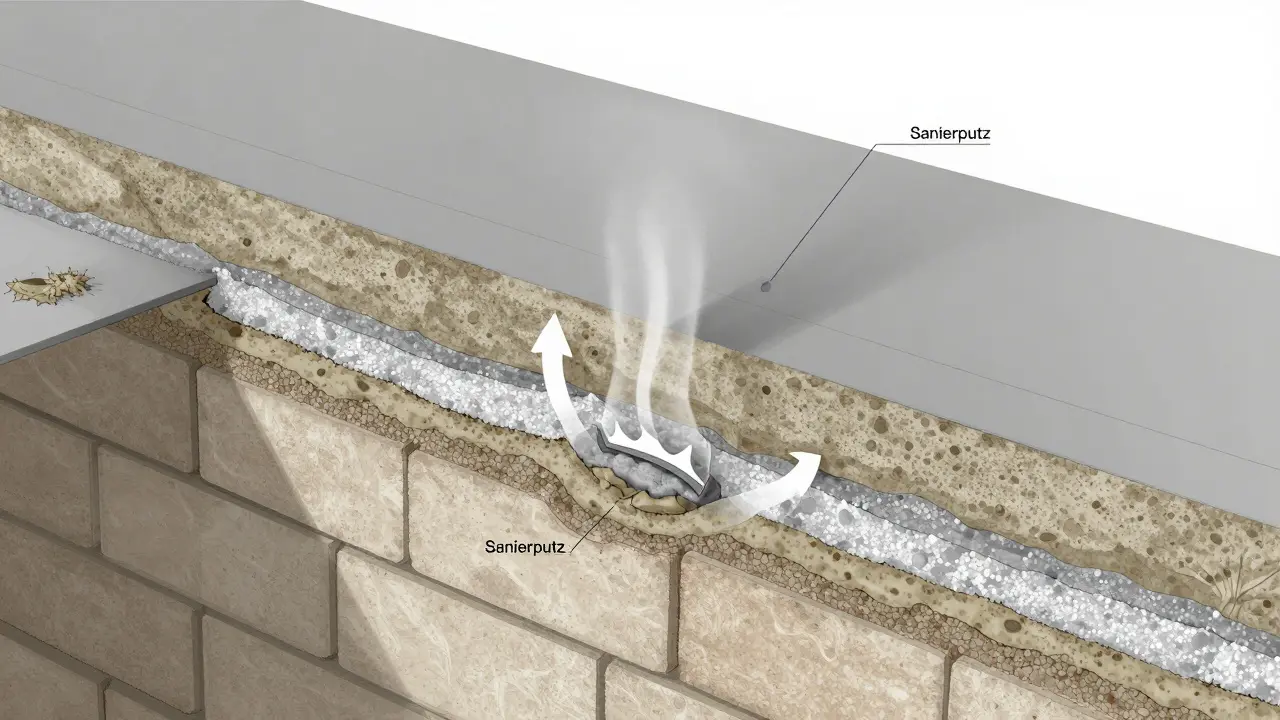 Querschnitt einer Wand mit Sanierputz, der Feuchtigkeit und Salze aufnimmt
