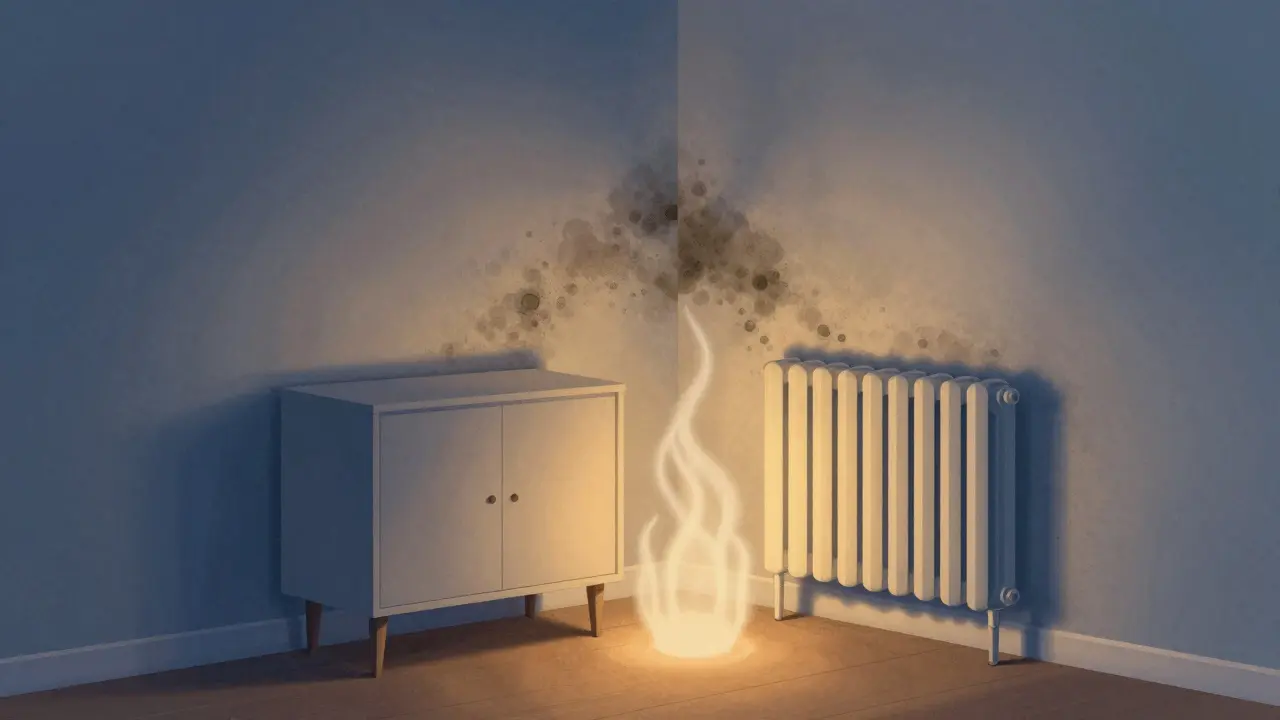 Querschnittansicht eines Zimmers mit warmen Luftströmen, die um einen Möbelständer zirkulieren, während an einer blockierten Ecke Schimmel wächst.