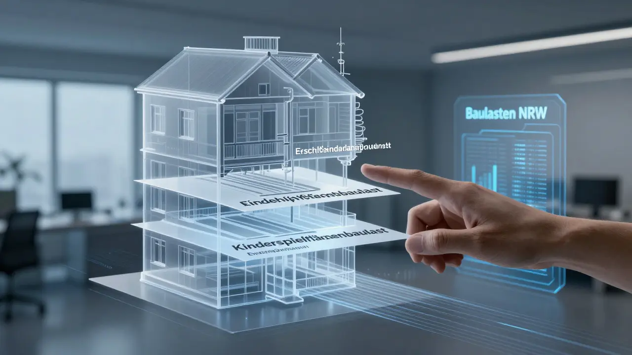 Transparentes Hausmodell mit sichtbaren rechtlichen Lasten wie Erschließungs- und Dachbegrünungspflichten.