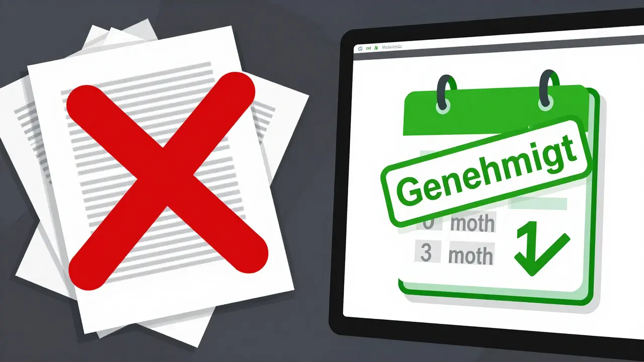 Vergleich zwischen papierbasiertem Verfahren und digitaler Genehmigung mit Genehmigungsstempel.