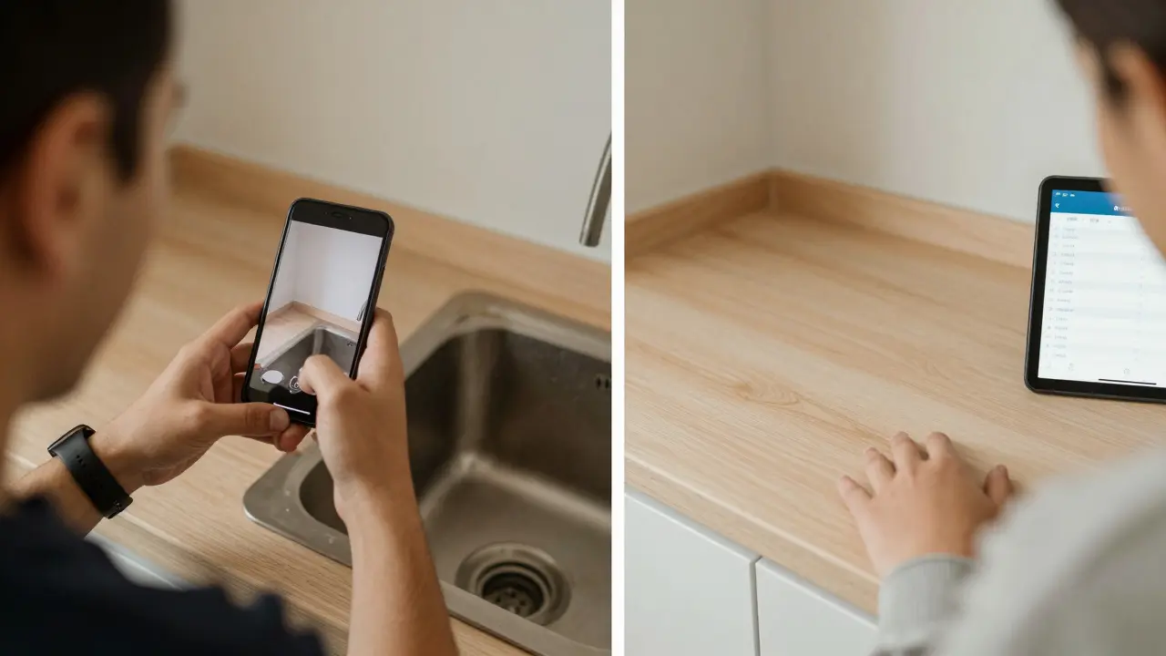 Vermieter dokumentiert Schäden an Küche mit Zeitstempelfotos, während der Raum danach gereinigt wird.