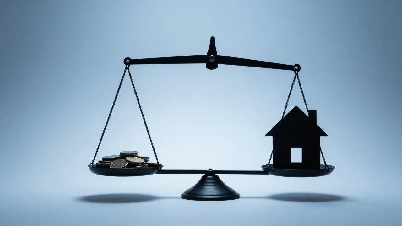 Waage mit Münzen und Haus-Silhouette, Gewinn unter 1.000 Euro steuerfrei.