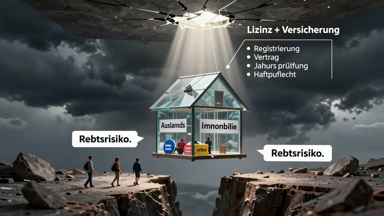 Zerbrechliches Glashaus für Auslandsimmobilie über einem Abgrund, Lichtstrahl zeigt Checkliste für Lizenz und Versicherung.