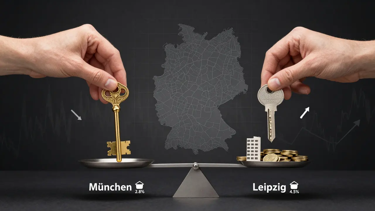 Zwei Schlüssel — München und Leipzig — auf einer Waage, symbolisieren unterschiedliche Renditechancen.