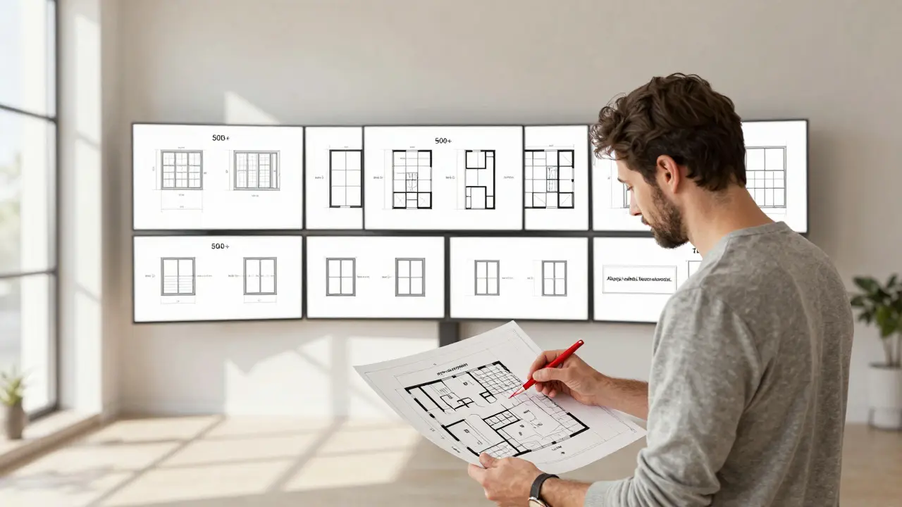 Architekt prüft manuell eine von KI markierte Grundrissvorlage, während hinter ihm Hunderte von AI-generierten Entwürfen auf Monitoren erscheinen.