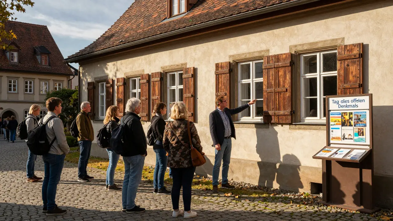Besucher beim Tag des offenen Denkmals lernen von Experten, wie historische Fenster saniert werden können.