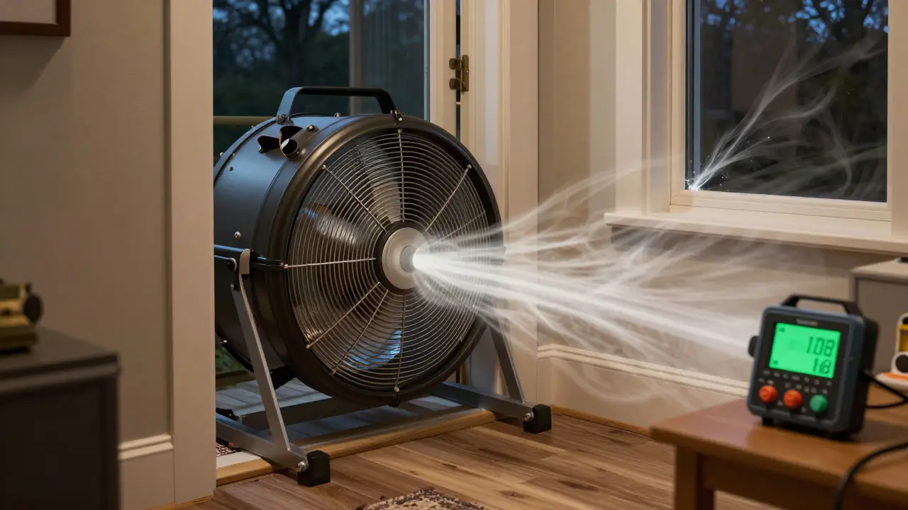 Blower-Door-Test in einem Wohnhaus: Ventilator misst Luftlecks an Fenstern und Fußböden.