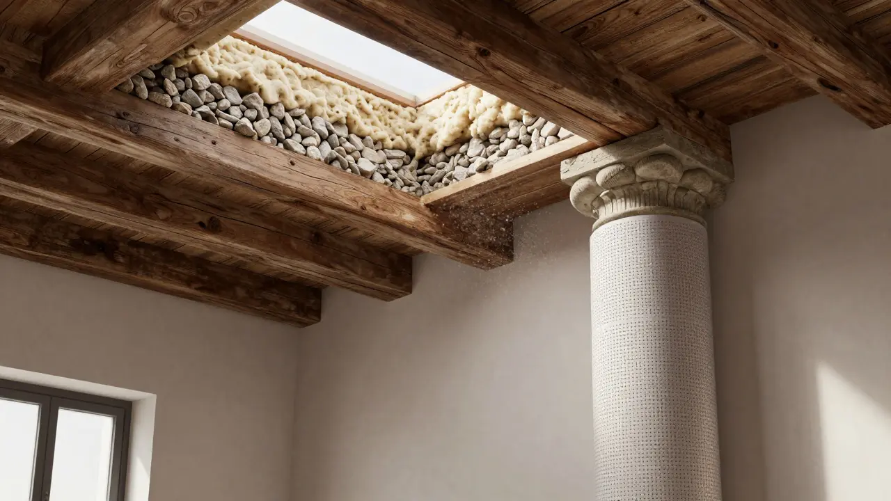 Cross-section of a historic loft ceiling showing traditional fill, stone wool insulation, and a microperforated acrylic sleeve around a column.