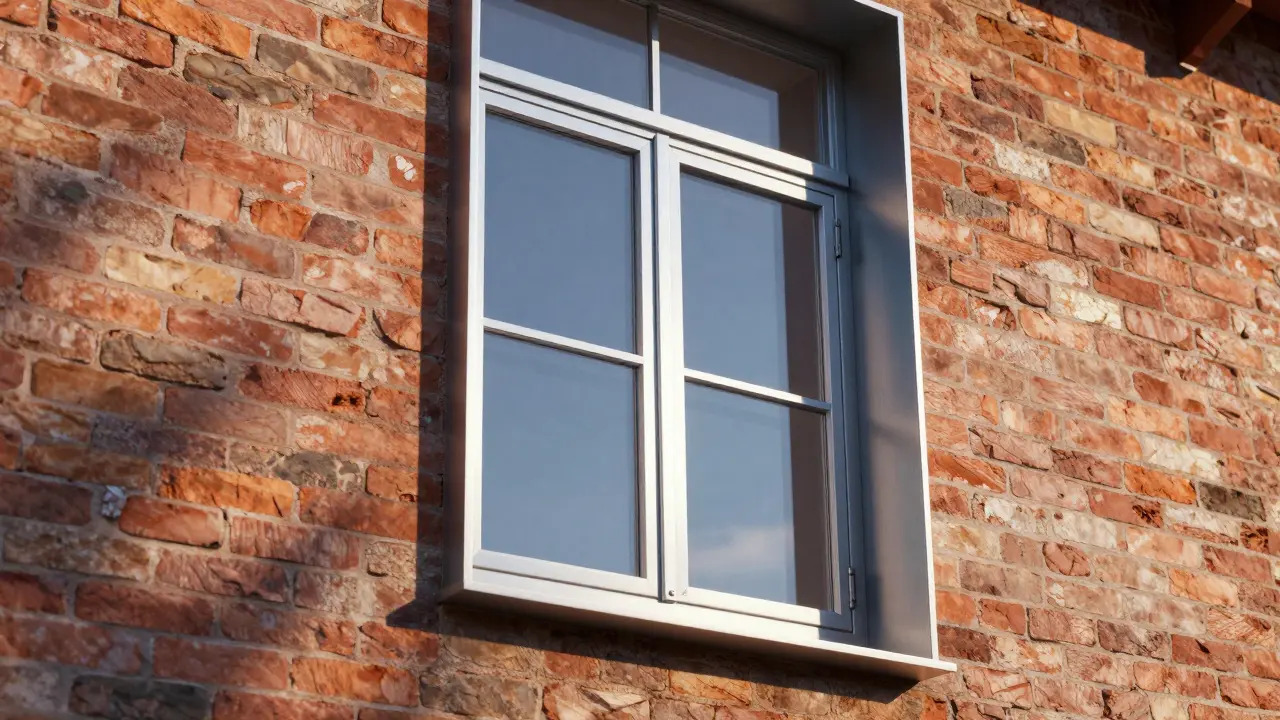 Detailaufnahme eines dünnen Metallfensterprofils am historischen Mauerwerk