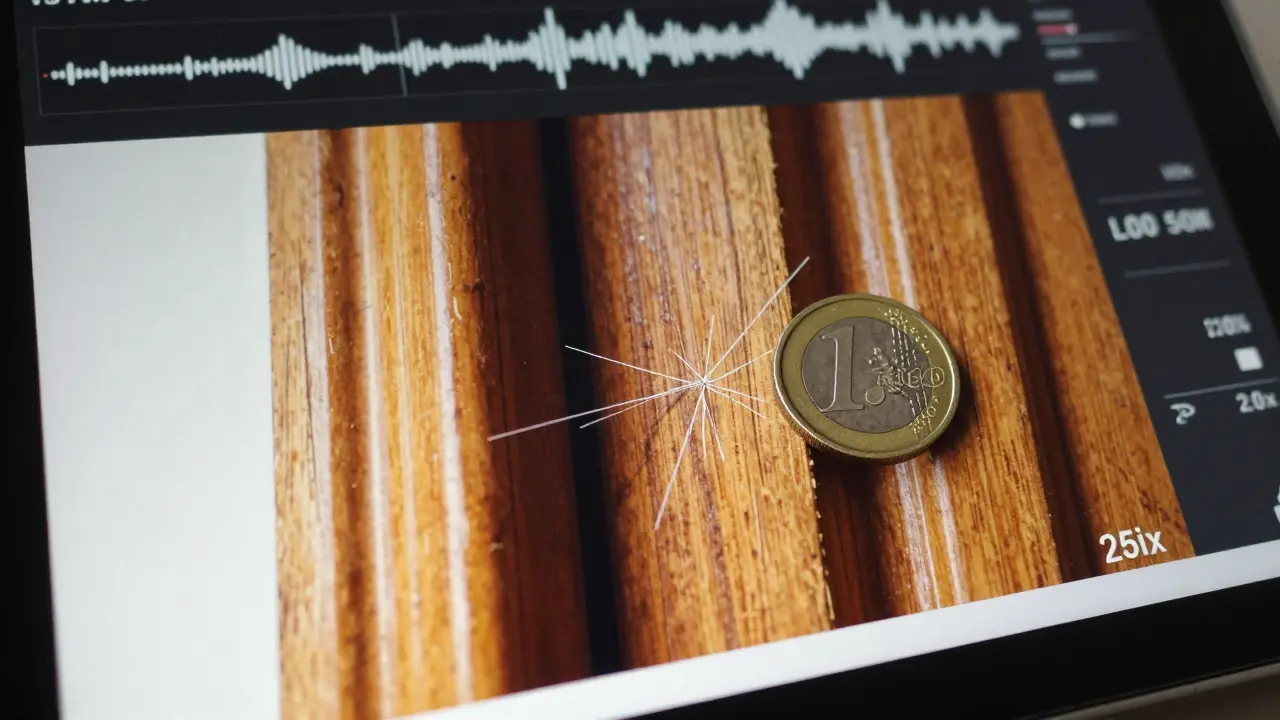 Detailaufnahme eines Kratzers an einer Tür mit 1-Euro-Münze als Maßstab, gleichmäßige Beleuchtung, Audio-Wellenform im Hintergrund.