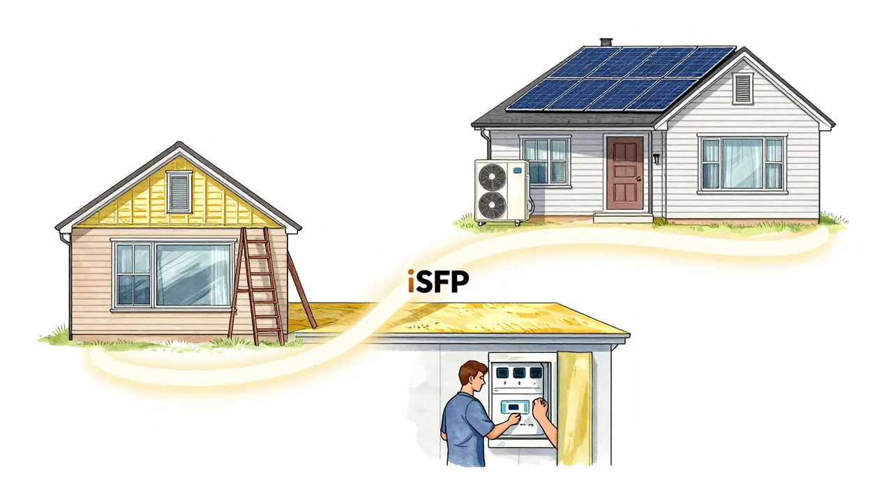 Dreistufige Sanierungsphase eines Hauses: von Dichtungen über Dachdämmung bis zur Wärmepumpe.