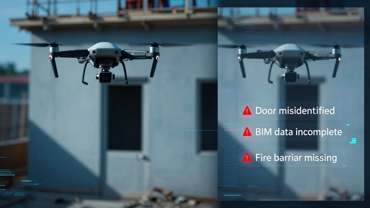 Drohnenbild eines Baufeldes, das von KI falsch interpretiert wird, mit Warnmarkierungen für verwechselte Türen und fehlende Brandschutzelemente.