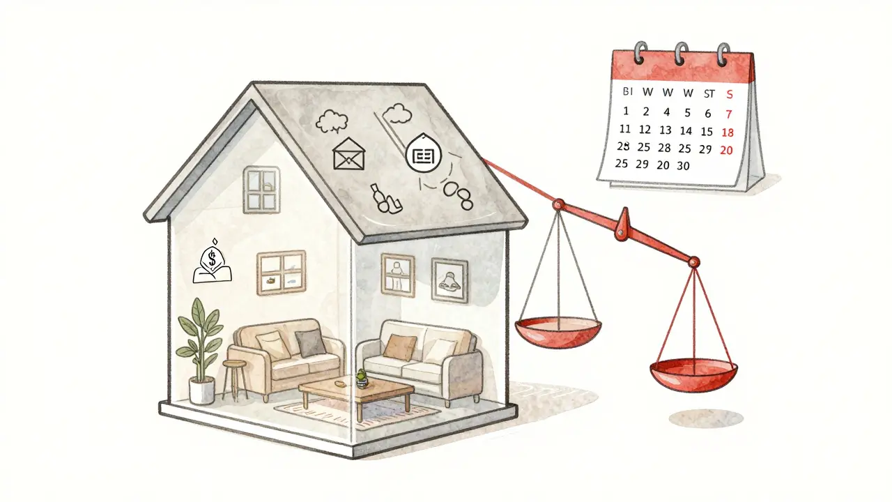 Durchsichtige Hausdarstellung mit finanziellen Anteilen für Vermietung und Eigengebrauch, visualisiert als Gewichtsverhältnis.