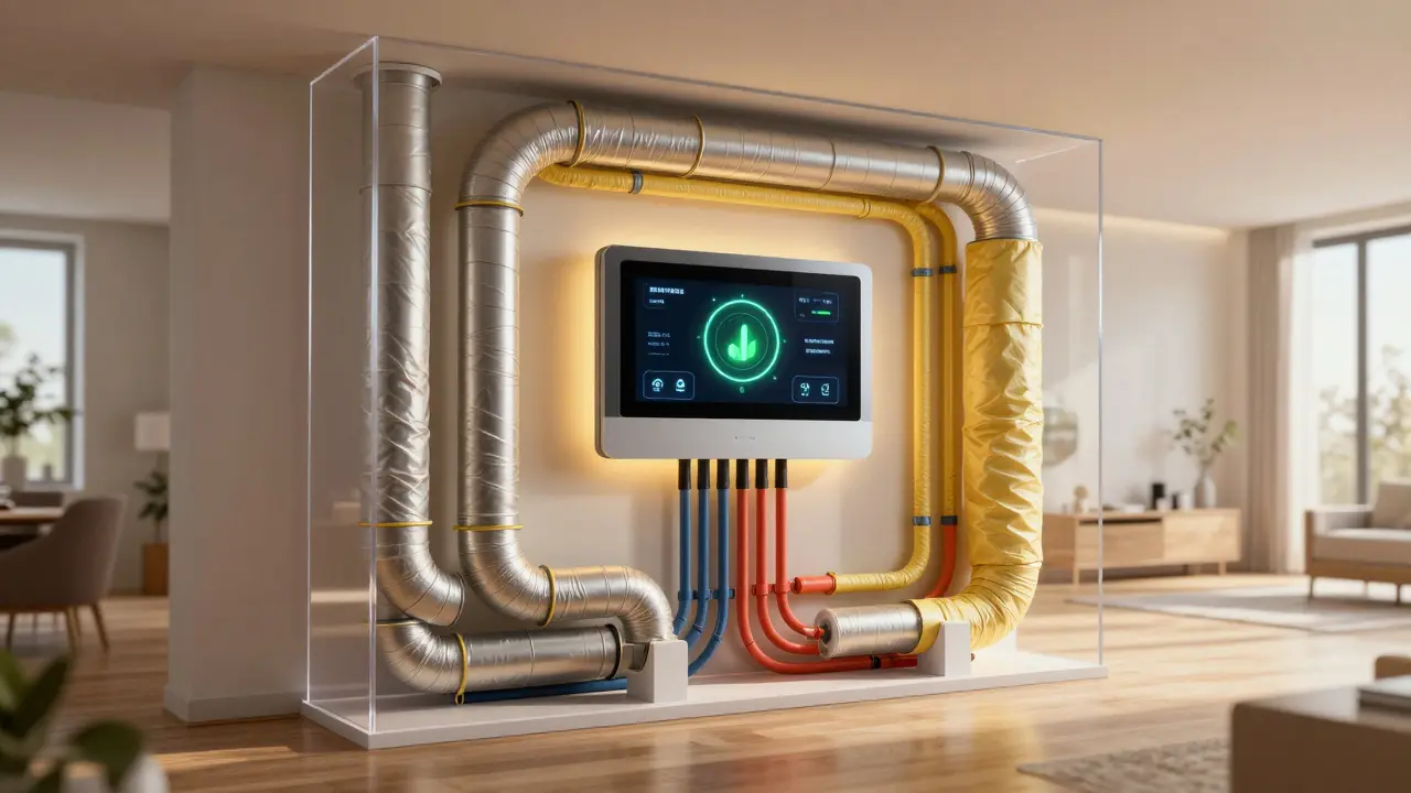 Durchsichtiger Hausquerschnitt mit sichtbaren Heizungs-, Lüftungs- und Sanitärsystemen und digitaler Energieanzeige.