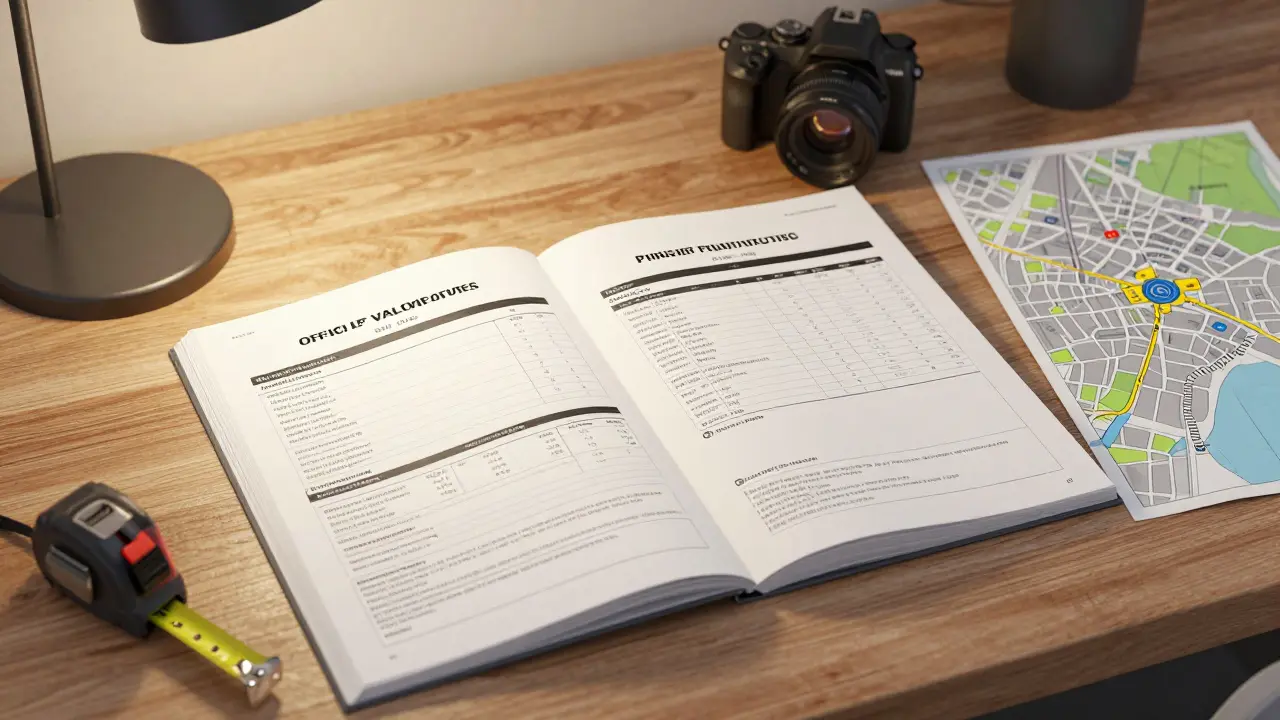 Ein ausführliches Verkehrswertgutachten liegt auf einem Schreibtisch mit Messwerkzeug und Vergleichsunterlagen.