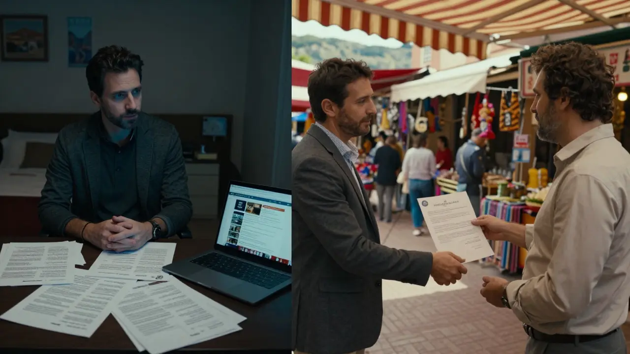 Ein deutscher Käufer vergleicht Daten im Hotel mit einer persönlichen Begegnung vor Ort – der Kontrast zwischen Isolation und Integration.