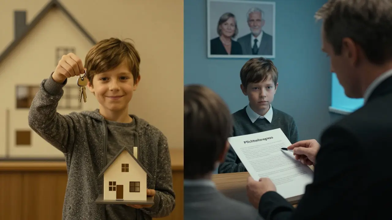 Ein Kind steht zwischen den Konsequenzen einer Schenkung: Rechtssicherheit und rechtliche Auseinandersetzung.