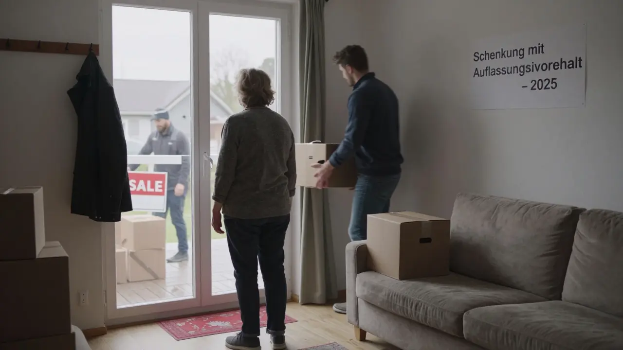 Eine ältere Frau steht in ihrem leeren Wohnzimmer, während ihr ehemaliges Zuhause verkauft wird.