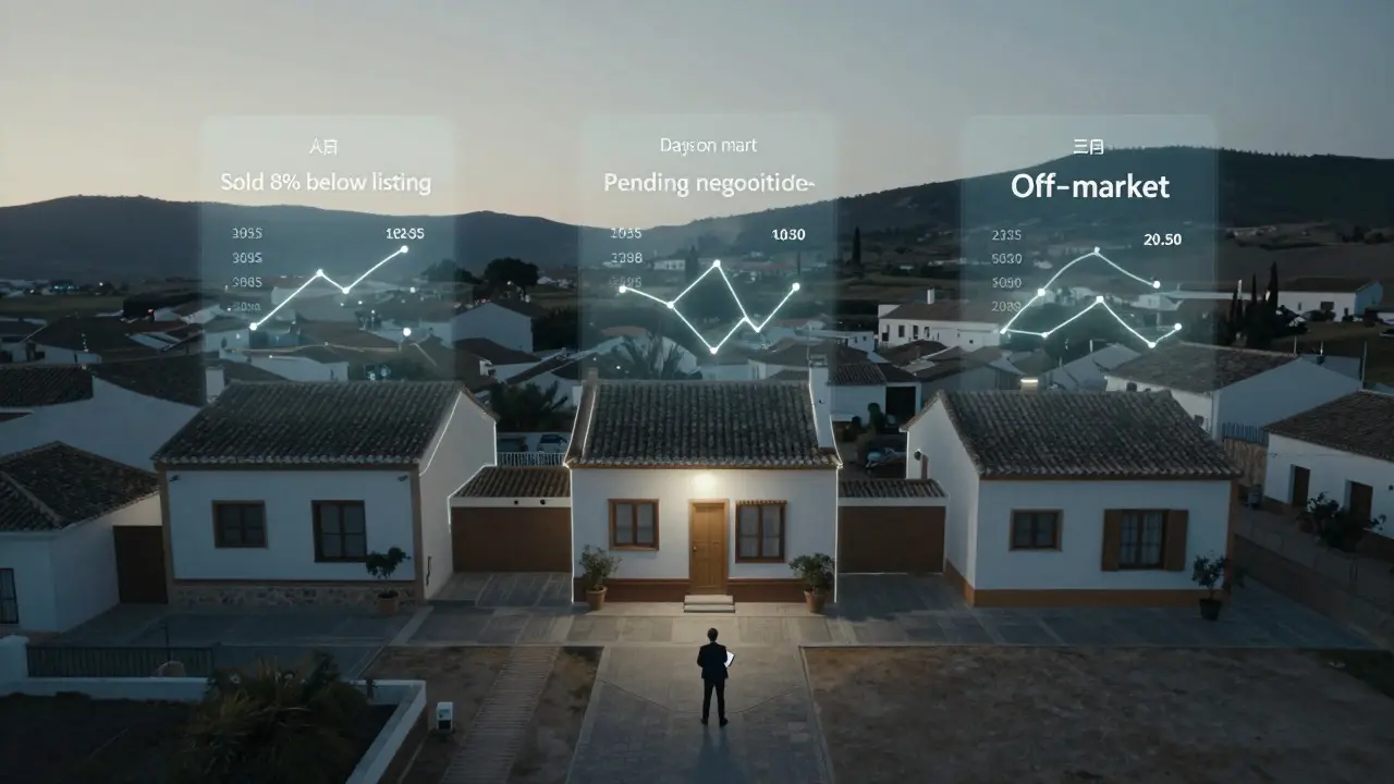 Eine Drohnenansicht dreier Villagen mit verdeckten Verhandlungsdaten – Strategie, Markt und Zeit im Fokus.