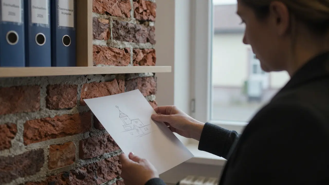 Eine Frau und ein Denkmalpfleger besprechen eine Sanierung an einer alten Ziegelwand in einem örtlichen Amt.