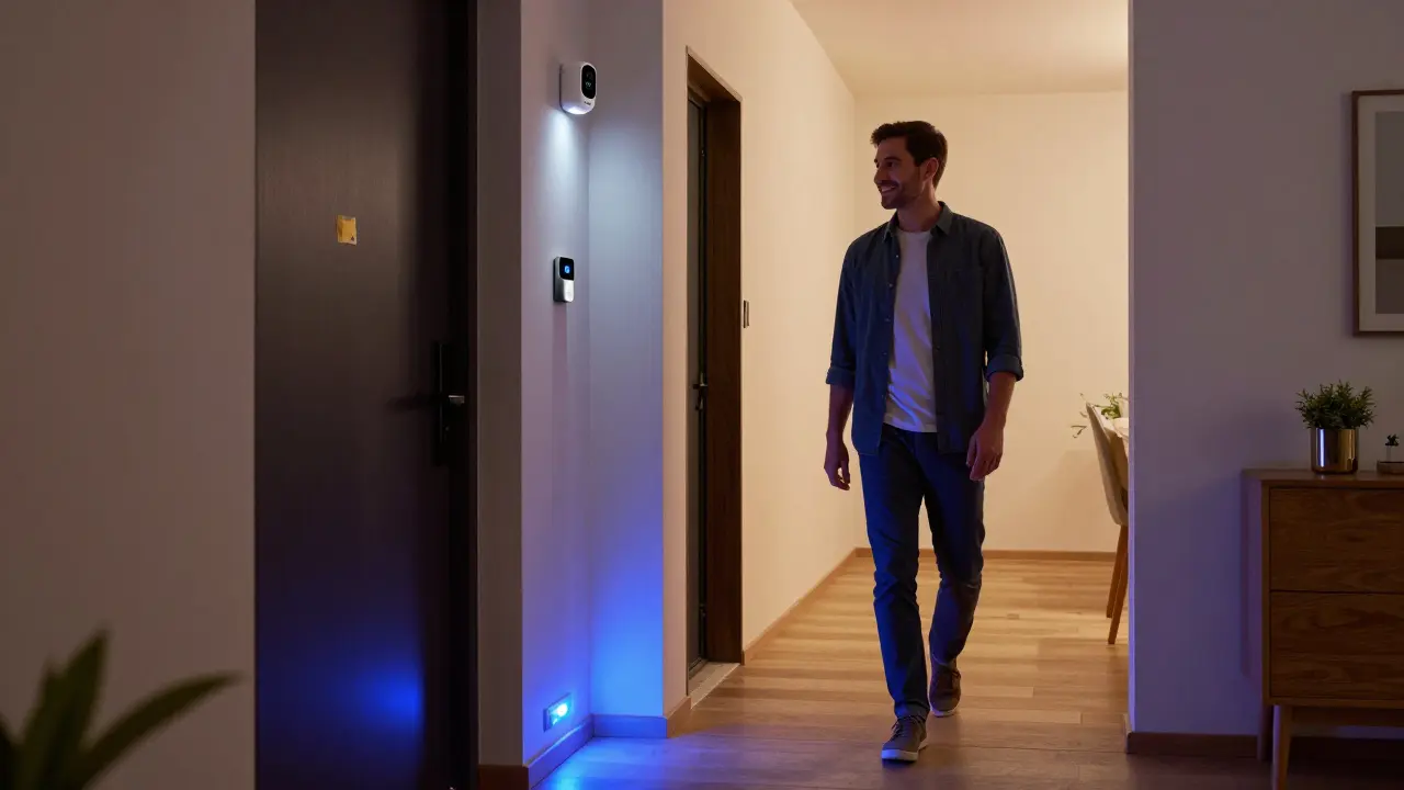 Eine Person geht durch einen Flur, der durch Bewegungsmelder erleuchtet wird, mit smarten Sensoren an der Tür ohne Bohrungen.