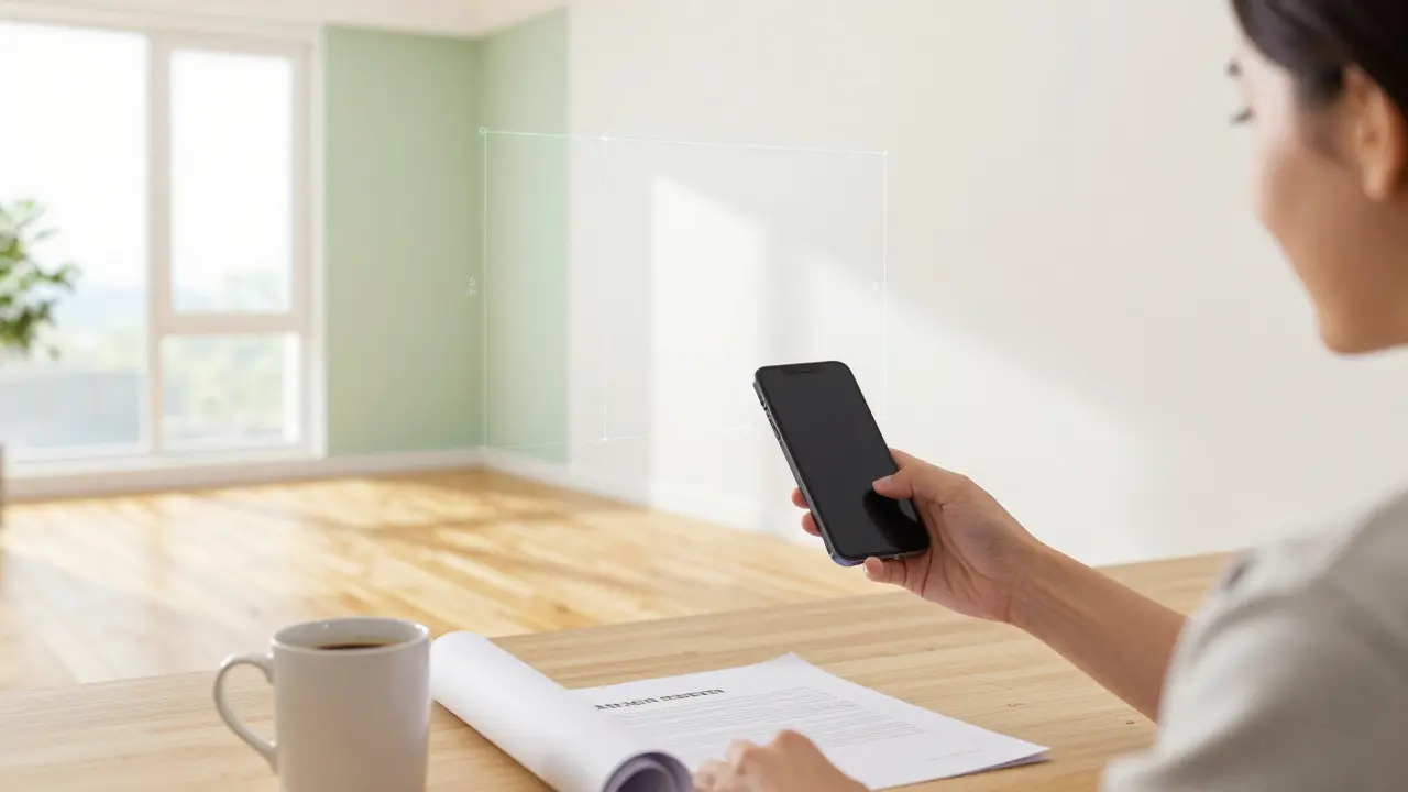 Fertiges Zimmer mit holografischen Messlinien am Handy.