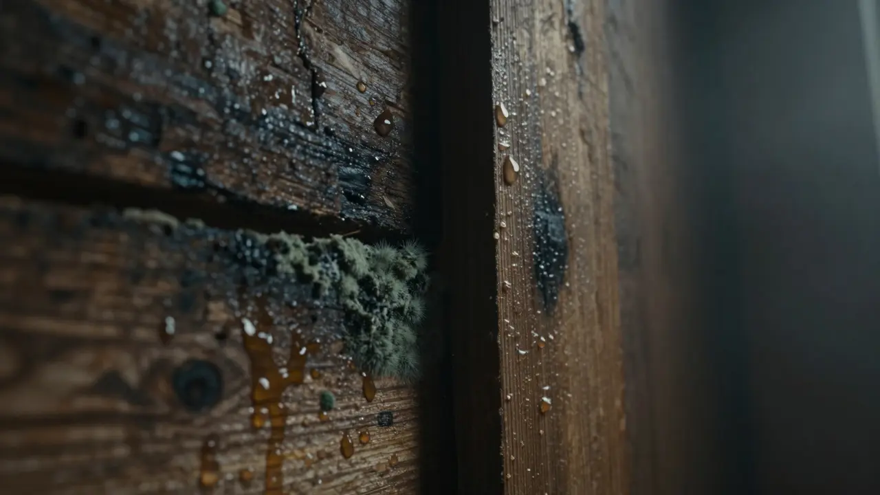 Feuchteschäden und Schimmelbildung hinter einer falschen Wandverkleidung.