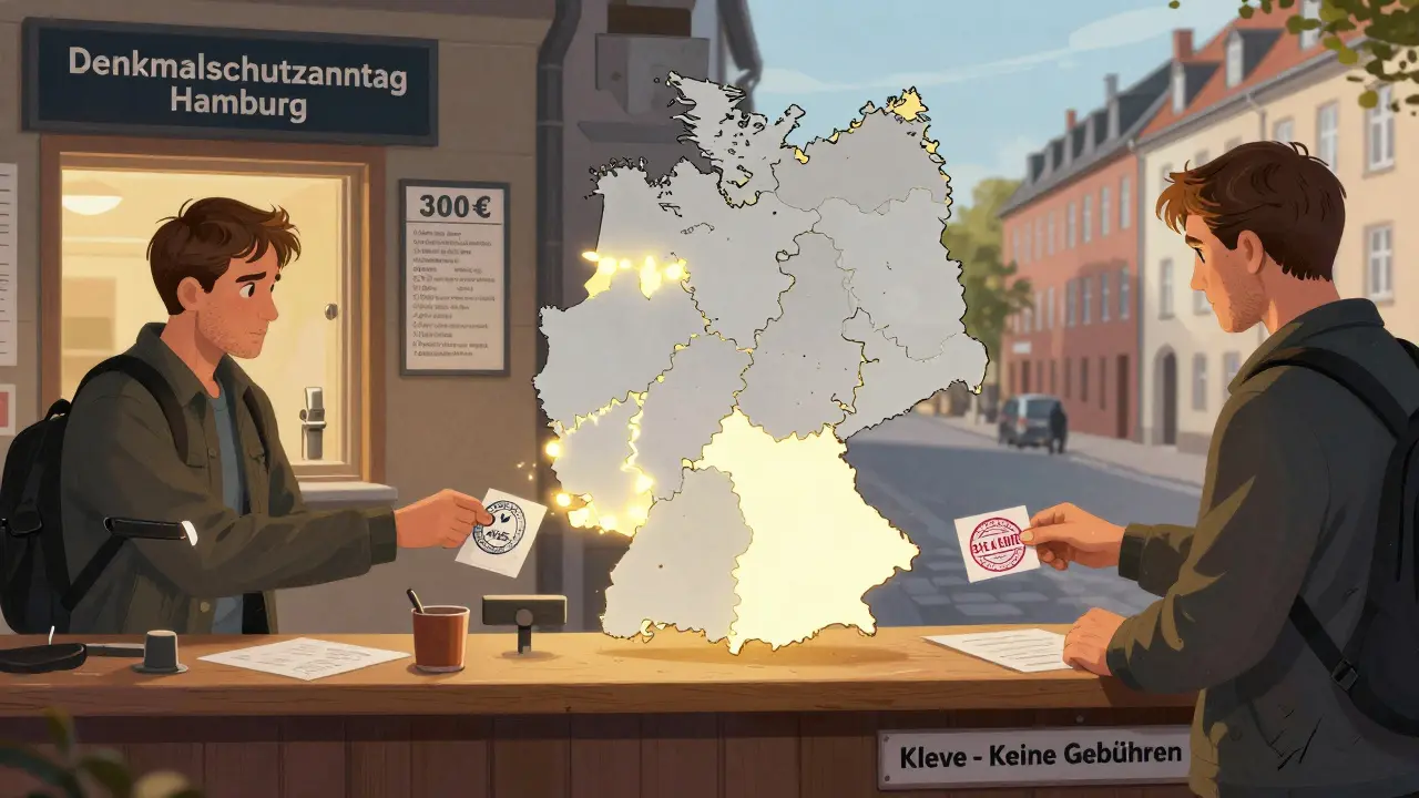 Gegenüberstellung von hohen Gebühren in Hamburg und kostenloser Genehmigung in Kleve.