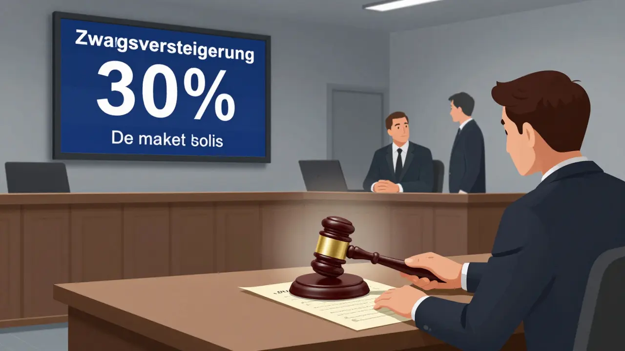 Gerichtssaal mit Zwangsversteigerung, Preisbildschirm unter Marktwert, Mann und Anwalt im Gespräch am Tisch.