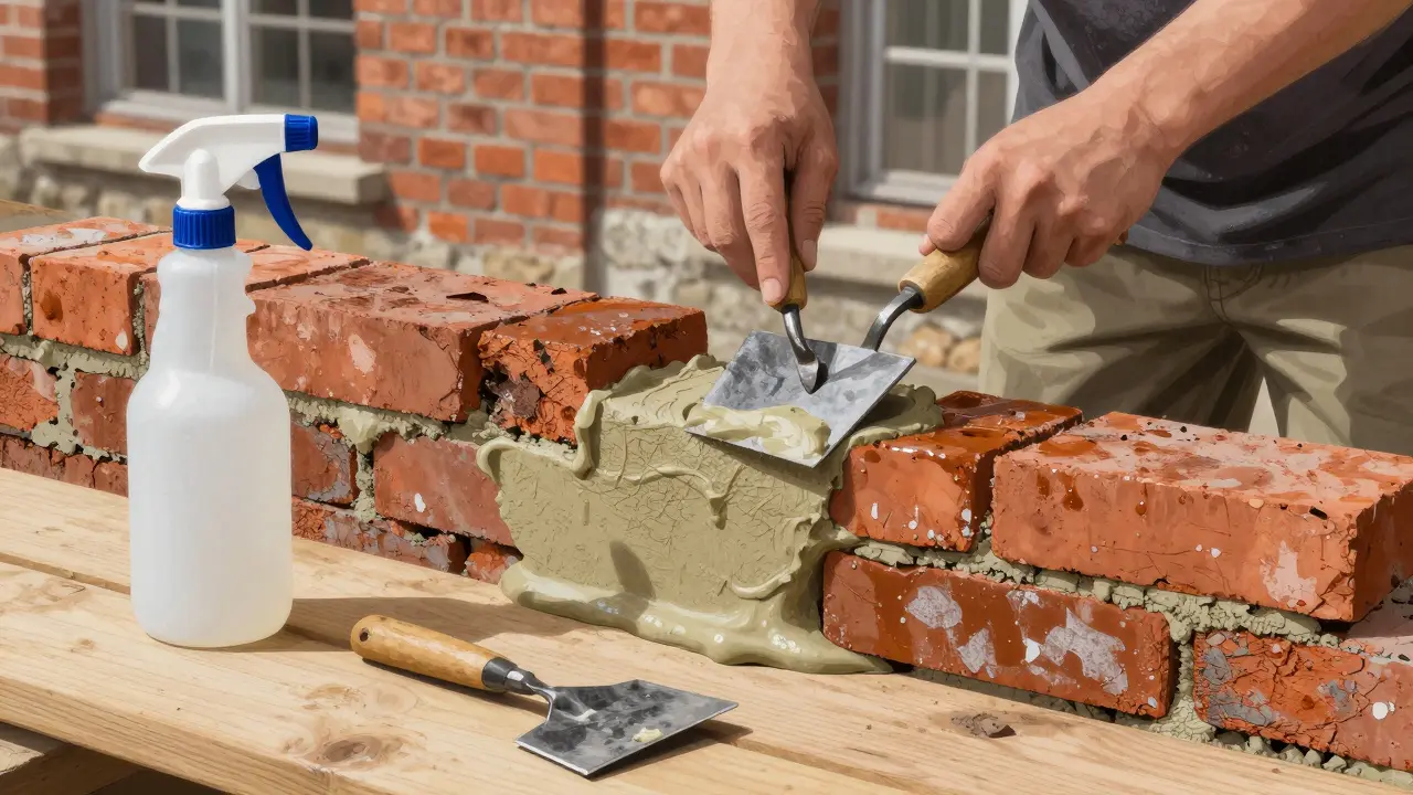Handwerker füllt kalkbasierten Mörtel in gereinigte Fugen mit Fugeisen, Wasserflasche und Werkzeuge im Vordergrund.